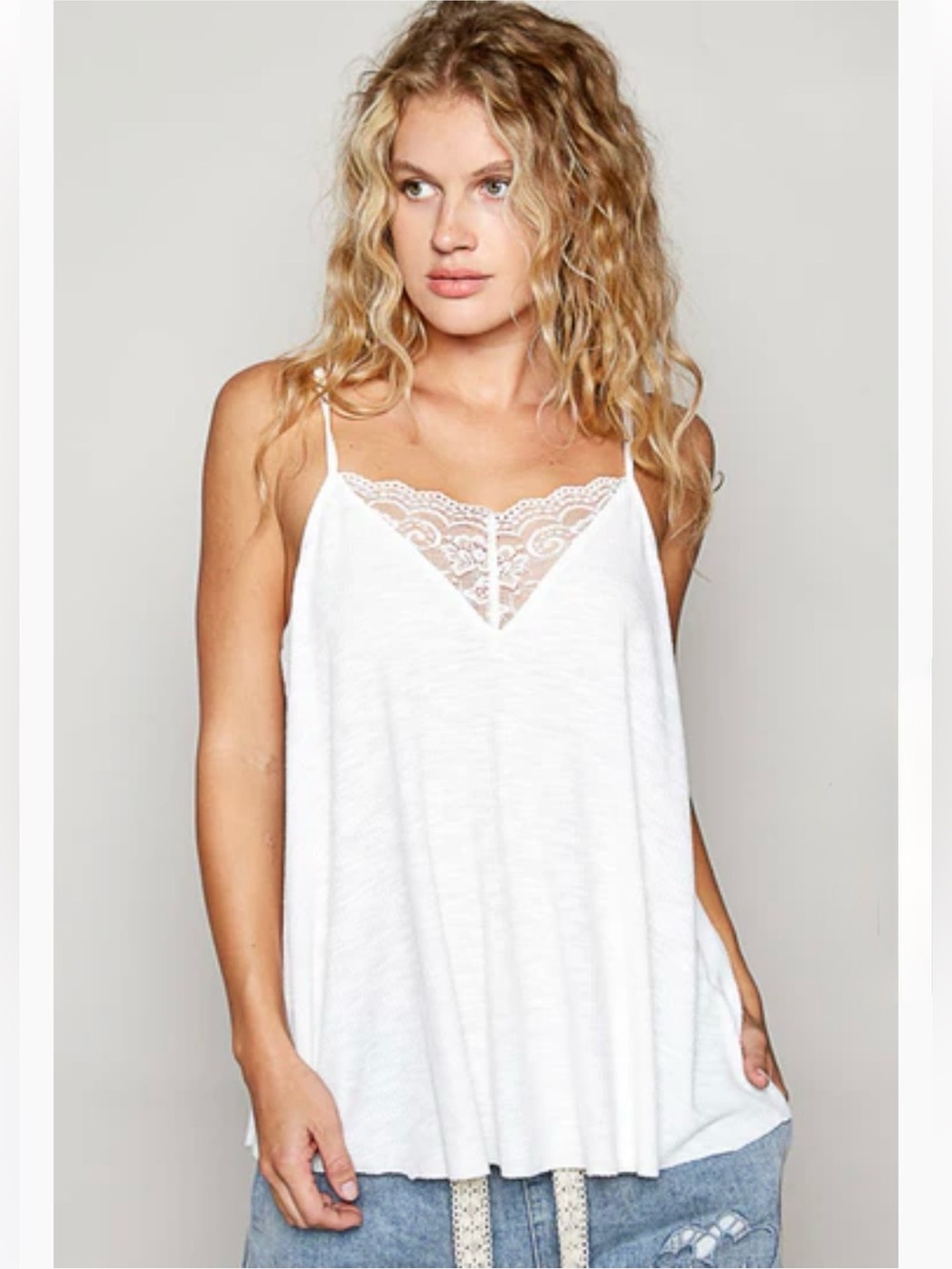 New: POL Hatti Bohemian Lace Detail Ladder Back White Flowy Tank Top• Medium